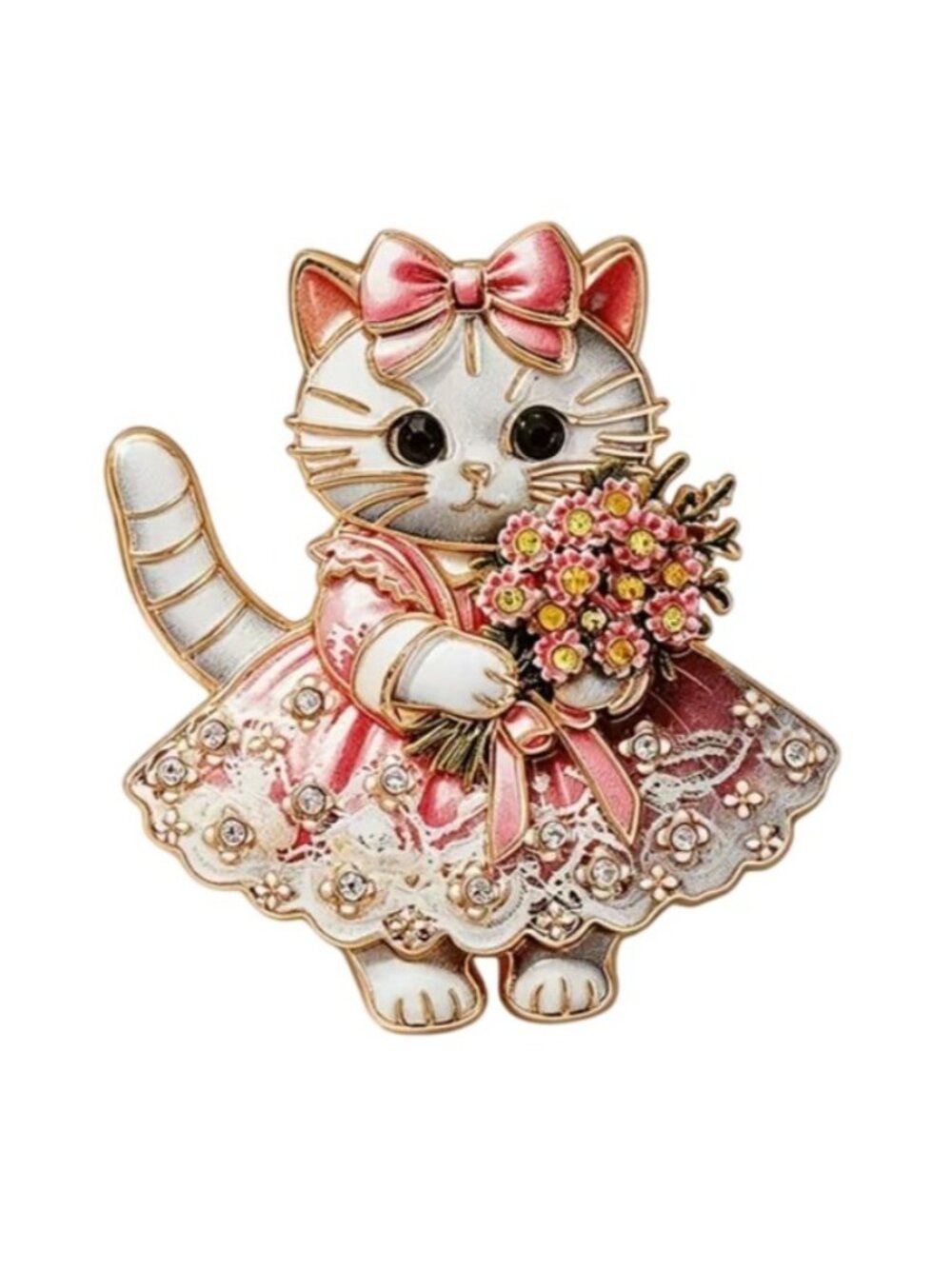 Cute Pink Cat Enamel Brooch Pin With Floral Dress & Bow